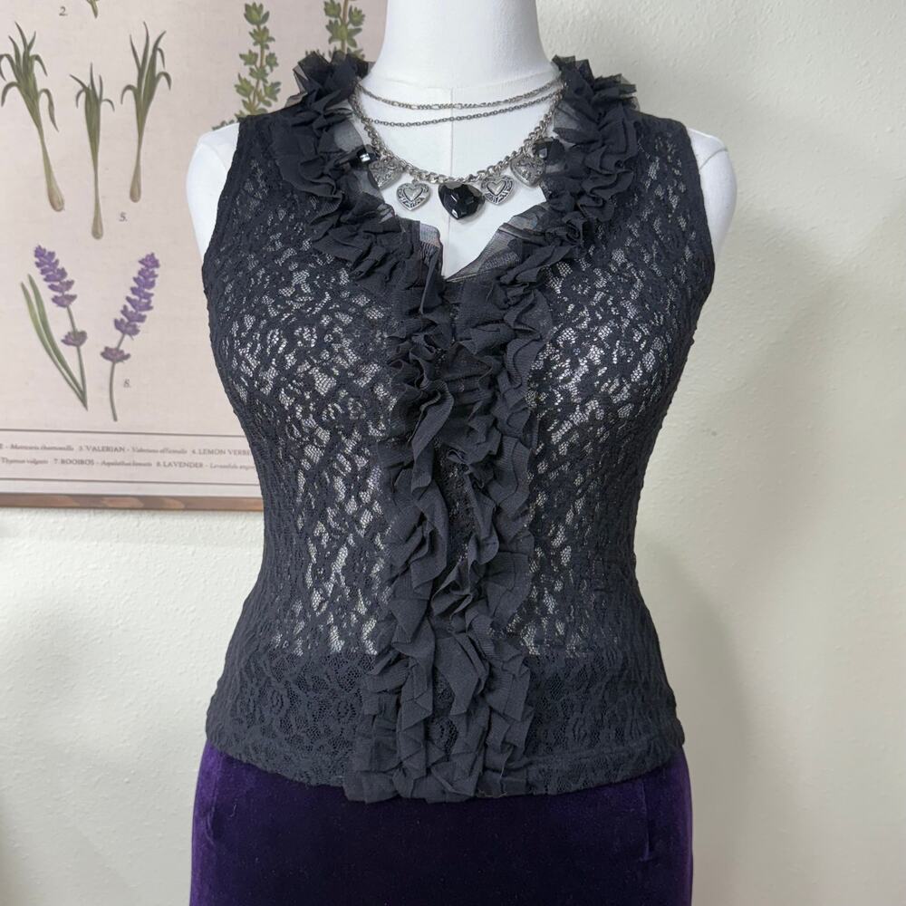 90s Y2k Sheer Lace Ruffle Sleeveless Top Romantic Goth Whimsigoth Witchy Sexy M
